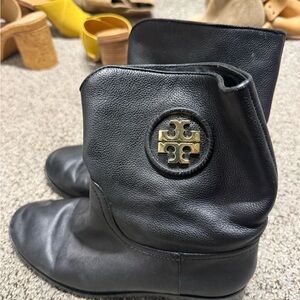 Tory Burch Black Leather Mid-Calf Boots with Gold Logo Emblem